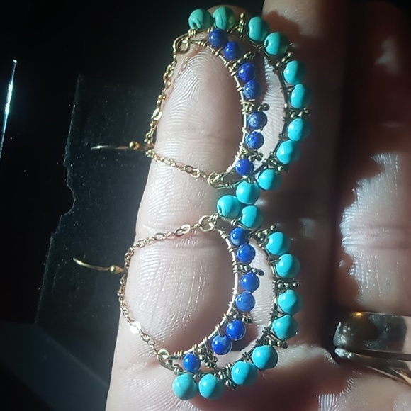 Turquoise & sodalite dangle earrings chain hung on hooks - Picture 5 of 5